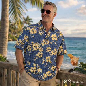 Reyn Spooner Hawaiian Traditionals Floral Aloha Shirt XL Blue Yellow Hibiscus